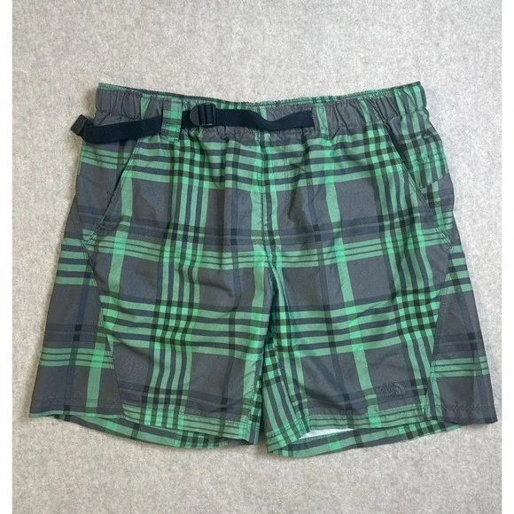 THE North Face Shorts Mens Size LG Plaid Green Swim Suit Trunks Belt and Pockets