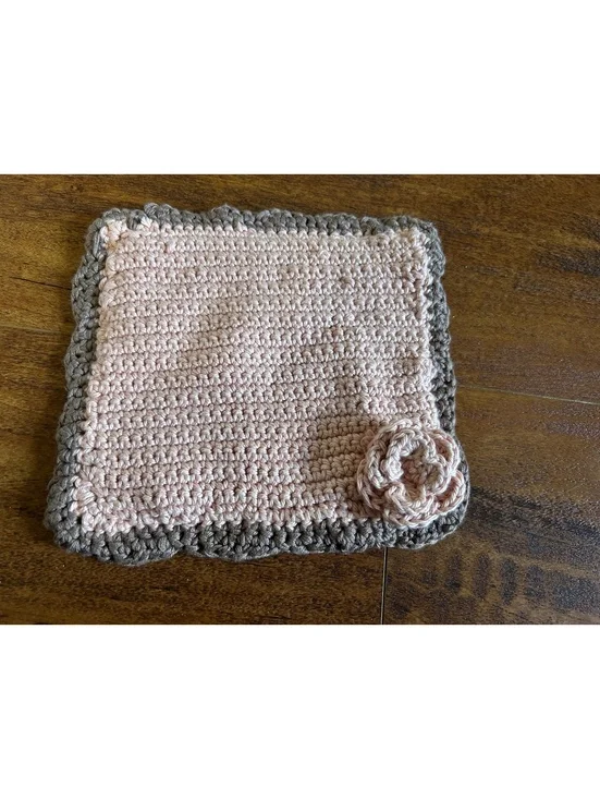 Handmade Crochet Pink and Taupe Square Coaster with Flower Accent