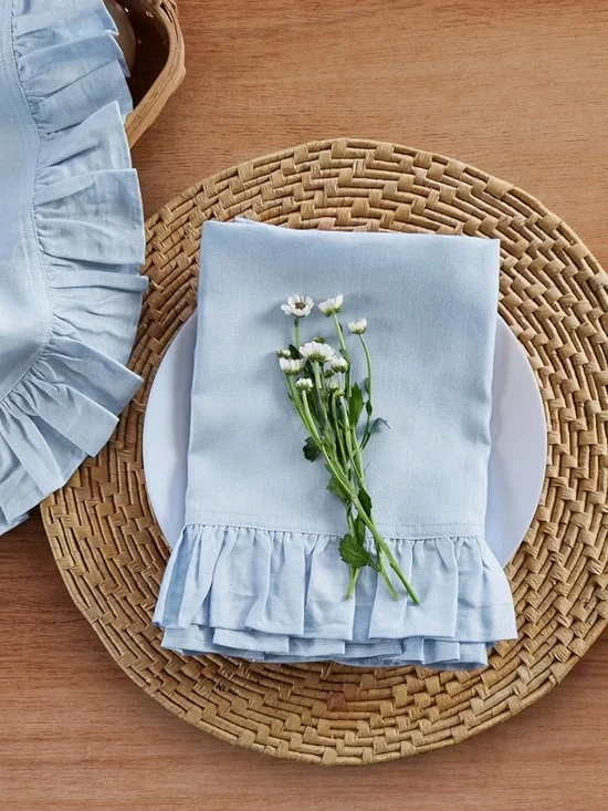 Solino Home Linen Ruffle Cloth Napkins Set of 4-100% Pure Linen Sky Navy Blue