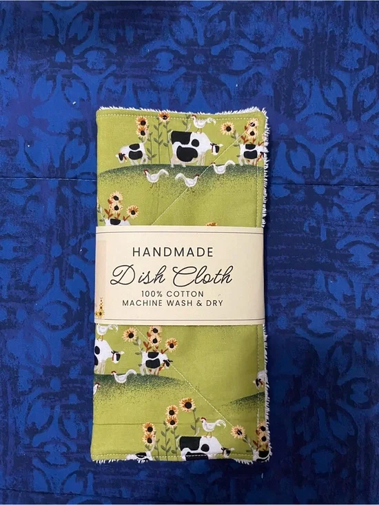Handmade Green Farm Print Dish Cloth - Cotton