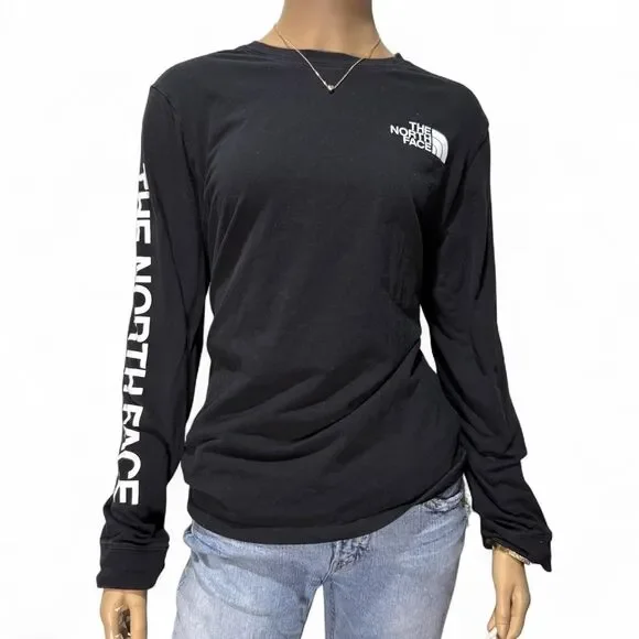 The North Face Men's Small Black Long Sleeve T-Shirt White Logo Sleeve Unisex
