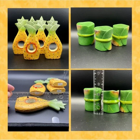 Pineapple & Banana Leaf Wood Napkin Rings Hand-Painted Set of 7 ~ Indonesia
