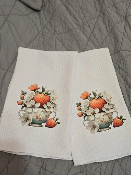 White Waffle Weave Kitchen Towels with Strawberry Floral Print Set Of 2  16×23in