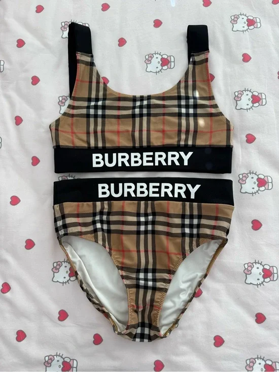 Burberry Beige Plaid Kids Two-Piece Bikini with Black Logo Bands