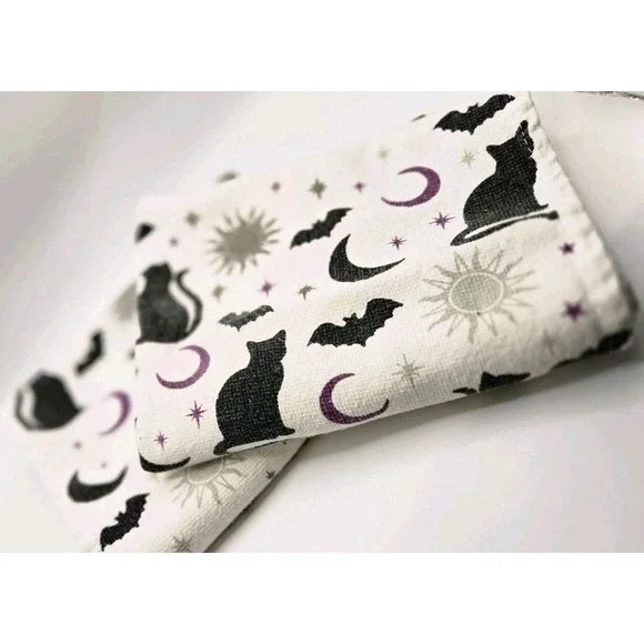 Halloween Cat Moon Stars Bat Towels Set 2 Gothic Witchy Kitchen Decor