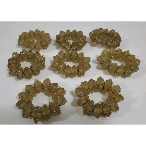 Vintage Yellow‎ Beige Stone and Wire Napkin Rings set of 8 Abstract Bohemian