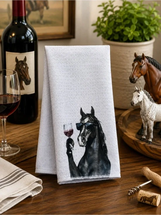 Horse with Wine Glass Kitchen Towel