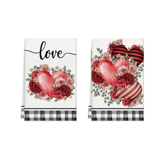Heart‎ Floral Kitchen Towels - Red & Pink Floral Set