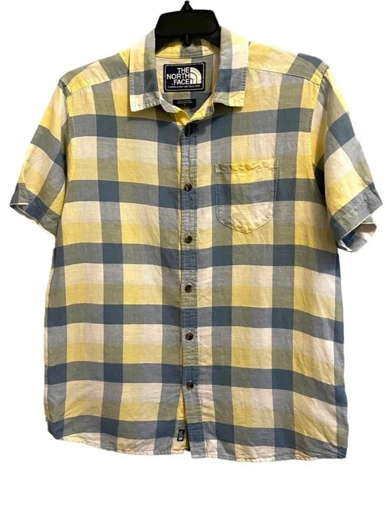 The North Face Men's Plaid Short Sleeve Button Up-Shirt Linen Blend Size Large