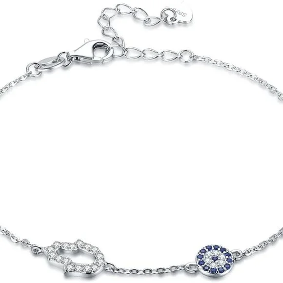 Evil Eye Hamsa Hand Sterling Silver Bracelet 7+2in Adjustable New
