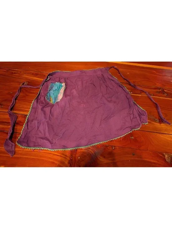 Vintage Purple Apron with Colorful Patch Pocket and Green Trim