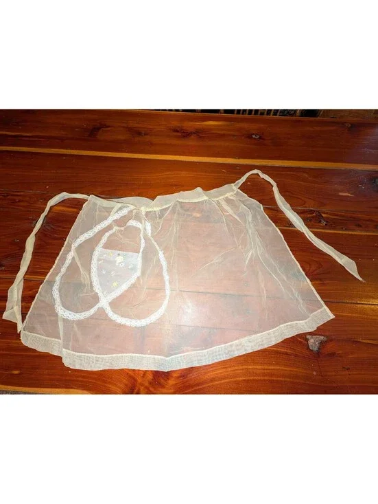 Vintage Sheer Organza Apron with Embroidered Floral Design