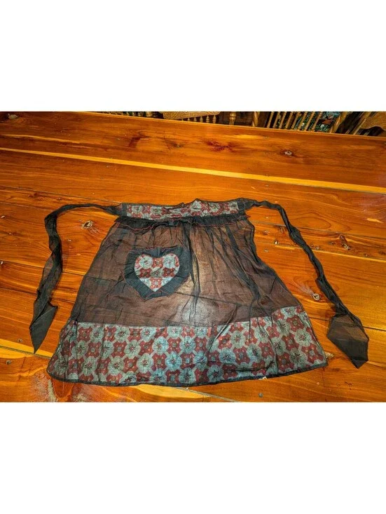 Vintage Sheer Black Apron with Floral Heart Patch and Patterned Hem