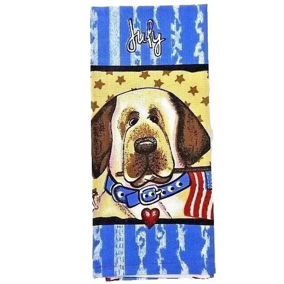 July Patriotic Dog Kitchen Tea Towel Cotton American USA Flag Stars Hearts NEW