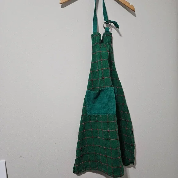 Crate & Barrel‎ Green Plaid Cotton Apron Handwoven India Red Windowpane Check