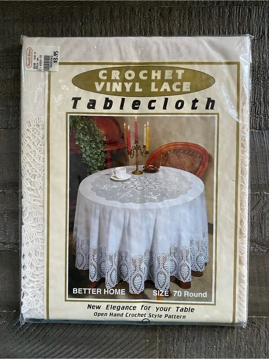 Vintage Better Home White Crochet Vinyl Lace Tablecloth 70