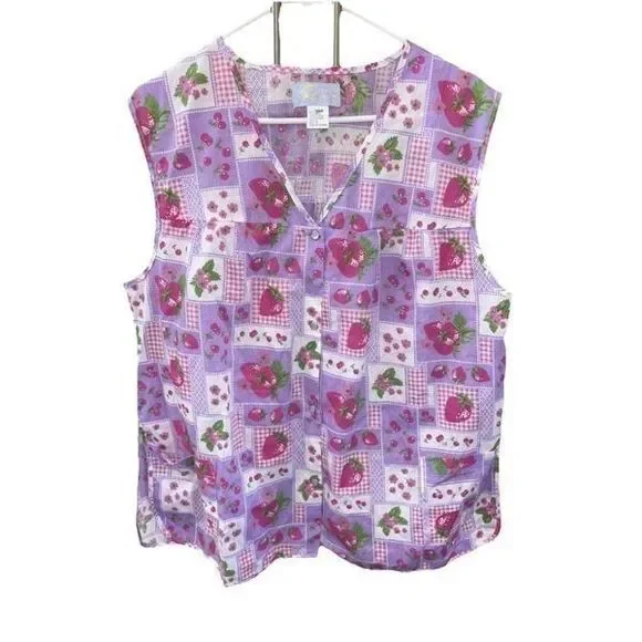 Vintage Apron Shirt 60's 70's Strawberry Fabric Smock Top Snap Front Pocket 1X