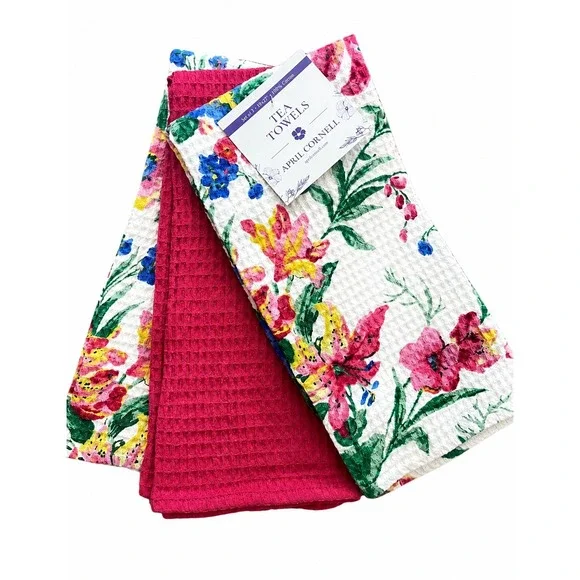 APRIL CORNELL KITCHEN TOWELS (3)  WHITE FLORAL HOT PINK  WAFFLE WEAVE COTTON NWT