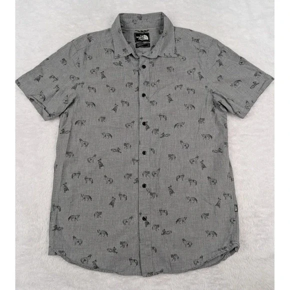 The North Face Men's M Wolf Print Short Sleeve Button Down Shirt Gray Gorpcore