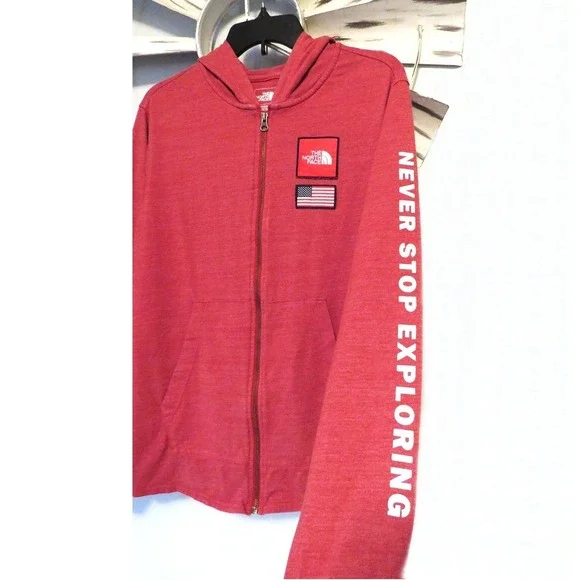 The North Face Men's Medium Zip Hoodie Red Heather Never Stop Exploring USA Flag
