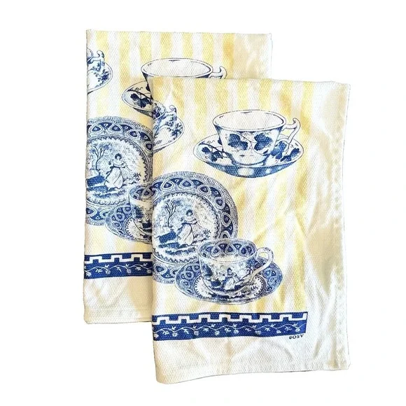 Winterthur Reproduction Print Tea Towel Cottage Core Set Of 2 Blue Yellow