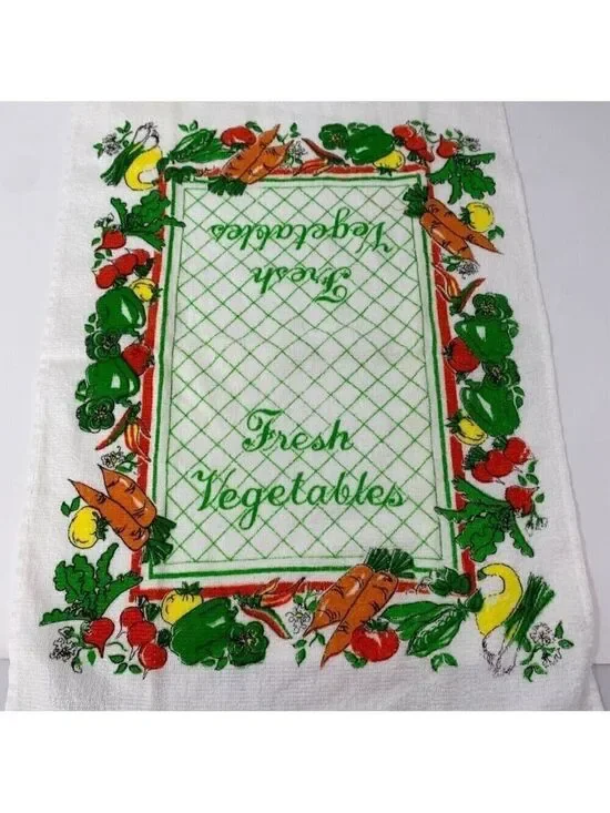 Vintage Retro Kitchen Towel Fresh Vegetable Fringe Peppers Mushrooms Onions