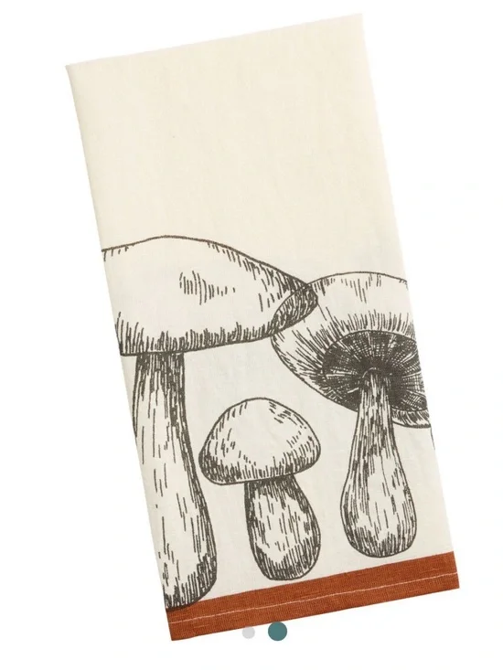 World Market Mushroom Print Kitchen Towel in Cream and Rust, NWT