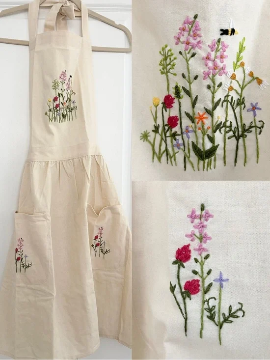 Floral Hand-Embroidered Cream Apron Wildflower Garden / Bee Motif - Gifts