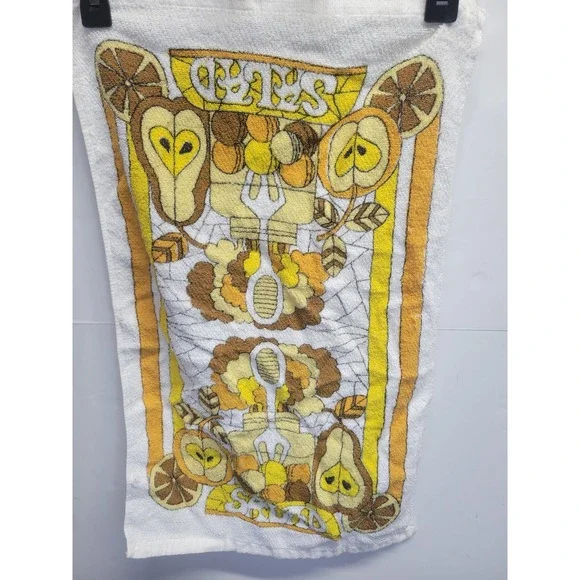 Vintage 70s Retro Fruit Salad Kitchen Towel White Cotton Yellow Orange Brown MCM
