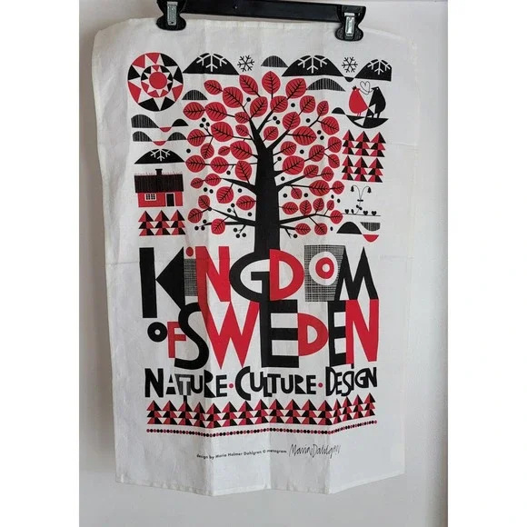NWoT Maria Dahlgren Kingdom of Sweden Tea Towel White Red Black Linen Cotton