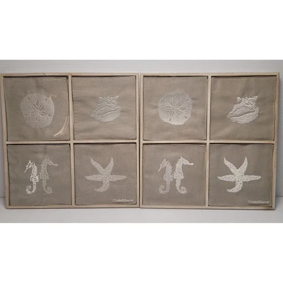 2 Crate & Barrel Linen/Cotton Blend Seaside Coasters Sets‎ Seahorse Starfish NEW