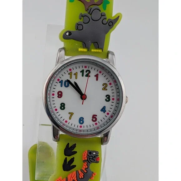 Kids Dinosaur Watch Silver 27mm Case Green‎ Silicone Band- New Battery