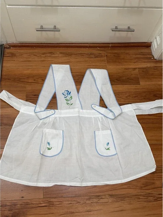 Handmade White Linen Apron Blue Floral Embroidery Adjustable Tie Waist