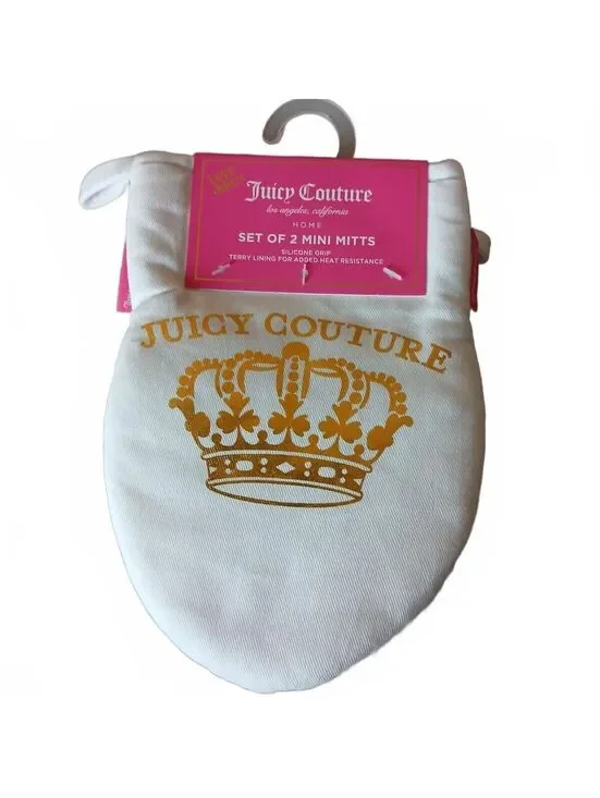 Juicy Couture Mini Oven Mitt Set Gold Crown Hearts White Kitchen NWT 2 Piece Set