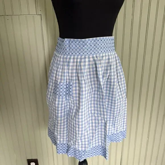 Vtg Hostess Half Apron Blue White MCM 50s Pocket Retro Tie Trad Cottage Gingham