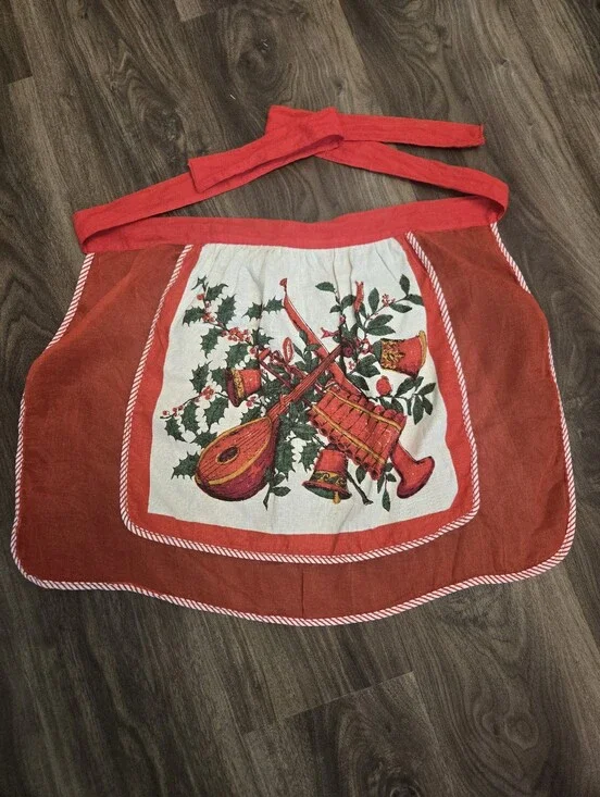 Vintage Christmas Half Apron, Tie Waist, Handmade, Lightweight, 1950s