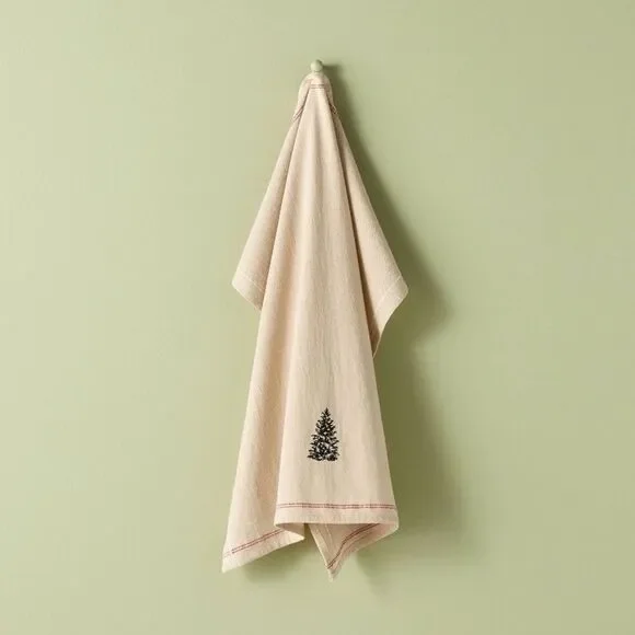 Hearth & Hand Embroidered Tree Design with Red stitched edging Kitchen Towel