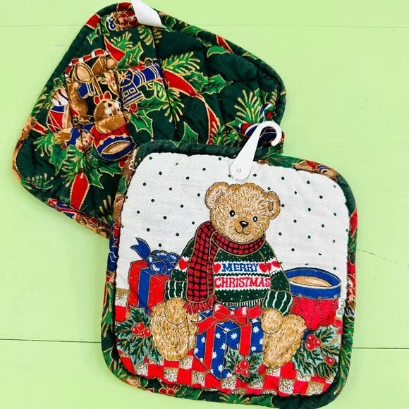 Vintage Christmas Teddy Bear Potholder Set Merry Christmas Kitchen Linens Unused