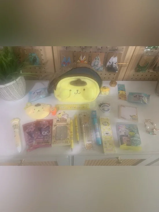 Box #85 Sanrio Pompompurin Yellow Plush Pencil Case with school supplies