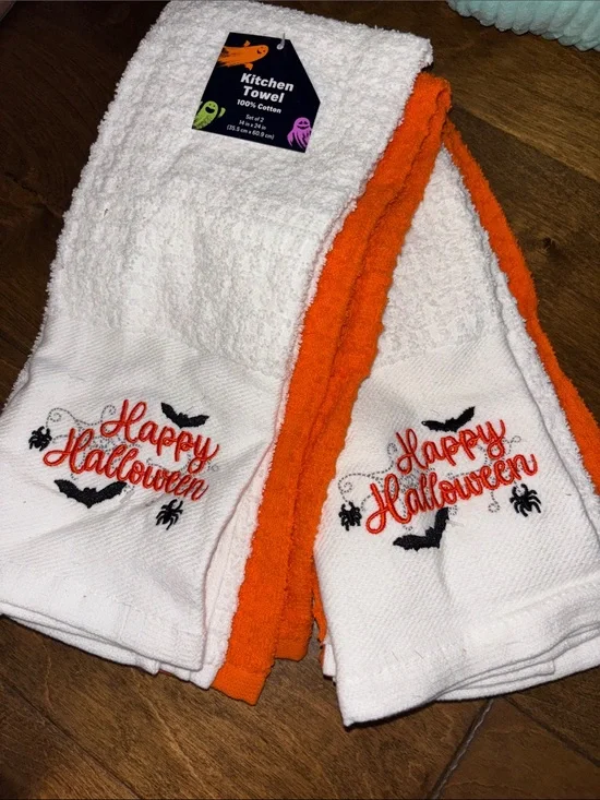 Set of 4 Happy Halloween Kitchen Towels - White & Orange
