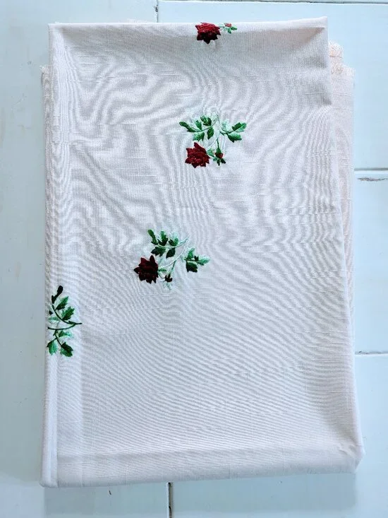VTG Rose Cross Stitch Linen Tablecloth 84x55 Cream Fringe Cottagecore 80s