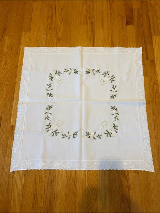 Embroidered White Square Tablecloth with Green Floral Design