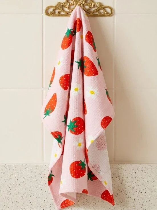 White Waffle Weave Kitchen Towel with Fresh Strawberries and Daisies 18x24