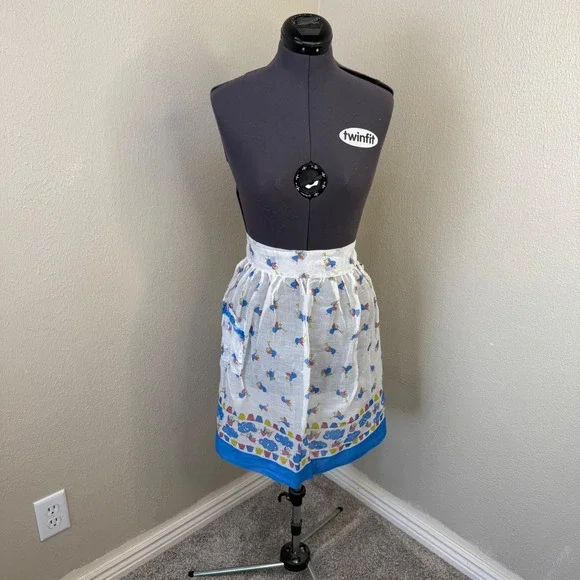Vintage Angel Novelty Print Half Apron White Blue Sheer Retro Kitchen Pocket