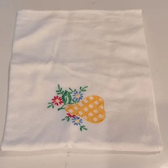 Vintage Embroidered White Tea Towel with Floral Pear Design