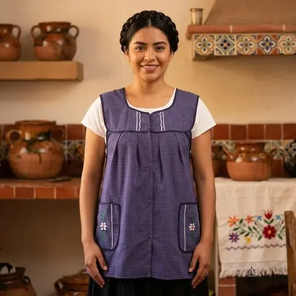 Blue Mexican Embroidered Smock Apron – Floral Traditional Design 21 x 30  in