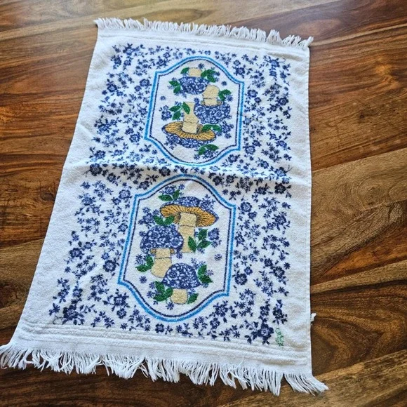 Vintage Cannon Mushroom Hand Towel Blue Gold Floral Fringe 70s Retro USA Made