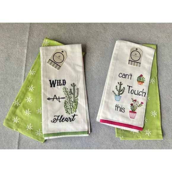 Cypress Set Of 4 Cactus Embroidered Cotton Tea Towels 18x24 & 26x19 Gift NWT