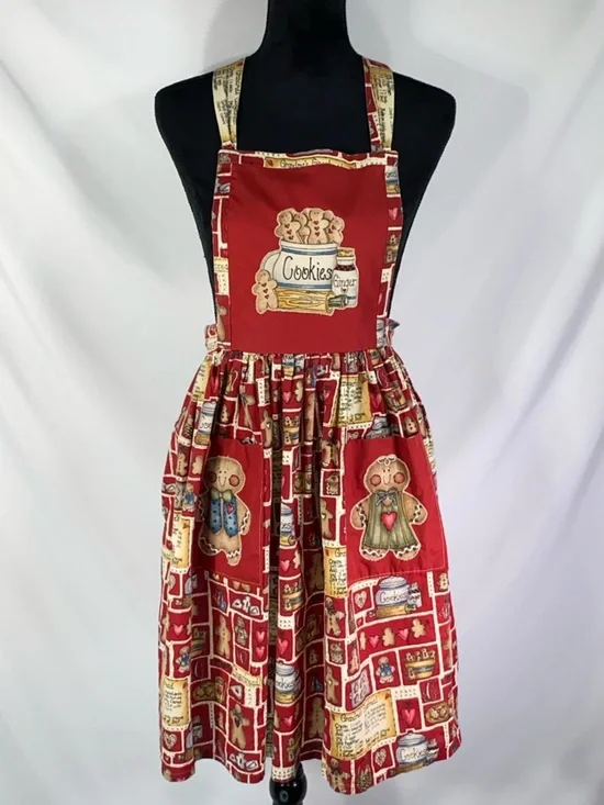 Vintage Dianna Marcum Grandmas Gingerbread Holiday Baking Apron Red Cotton