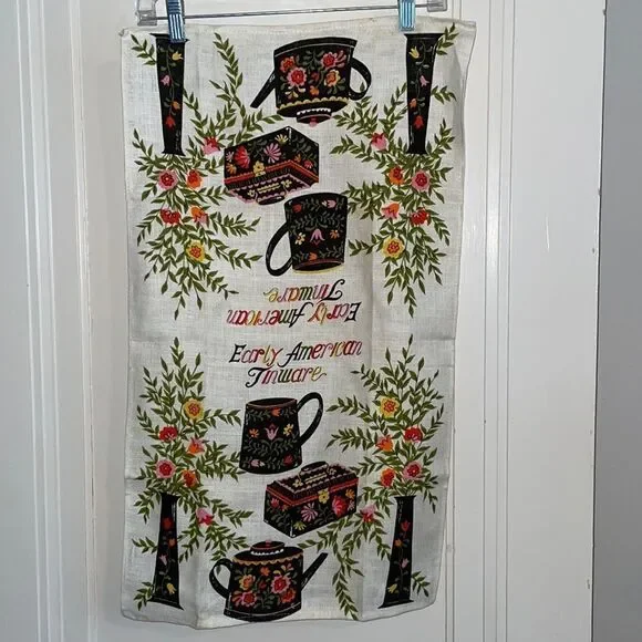 Vintage mid century linen Early‎ American Tinware tea towel or wall hanging